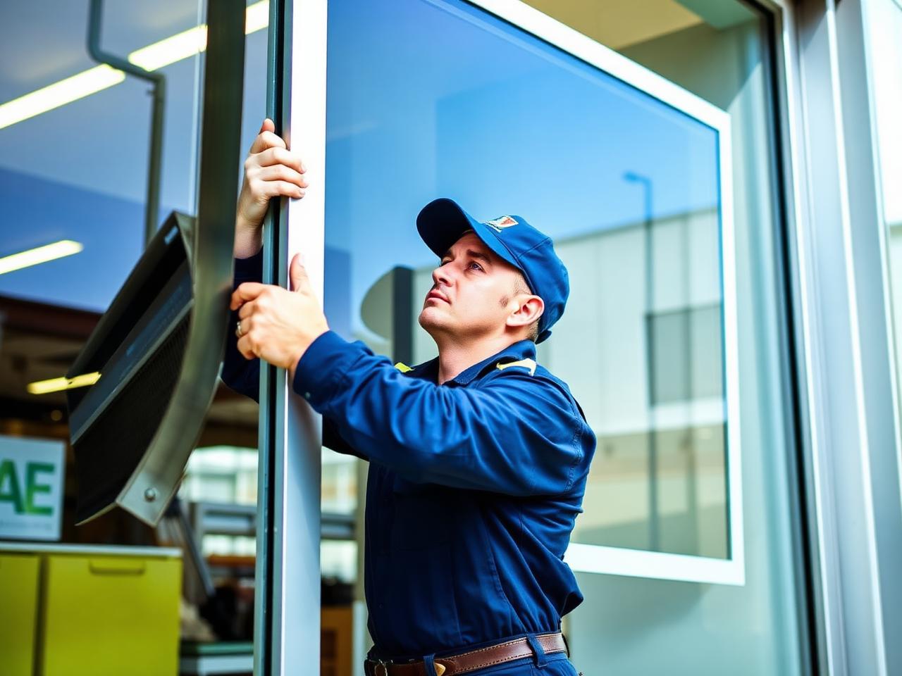 Glazier installing commercial glass