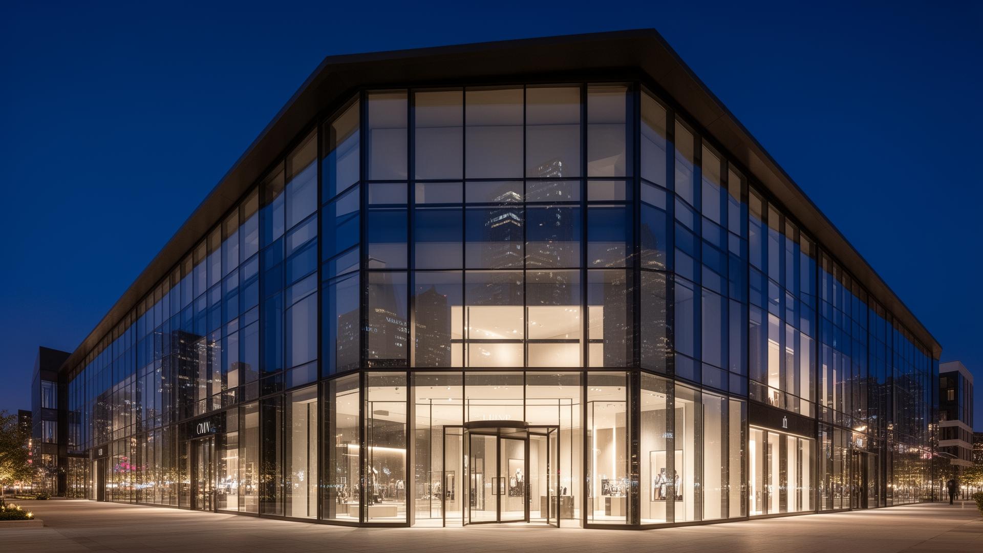 Modern commercial glass storefront at dusk